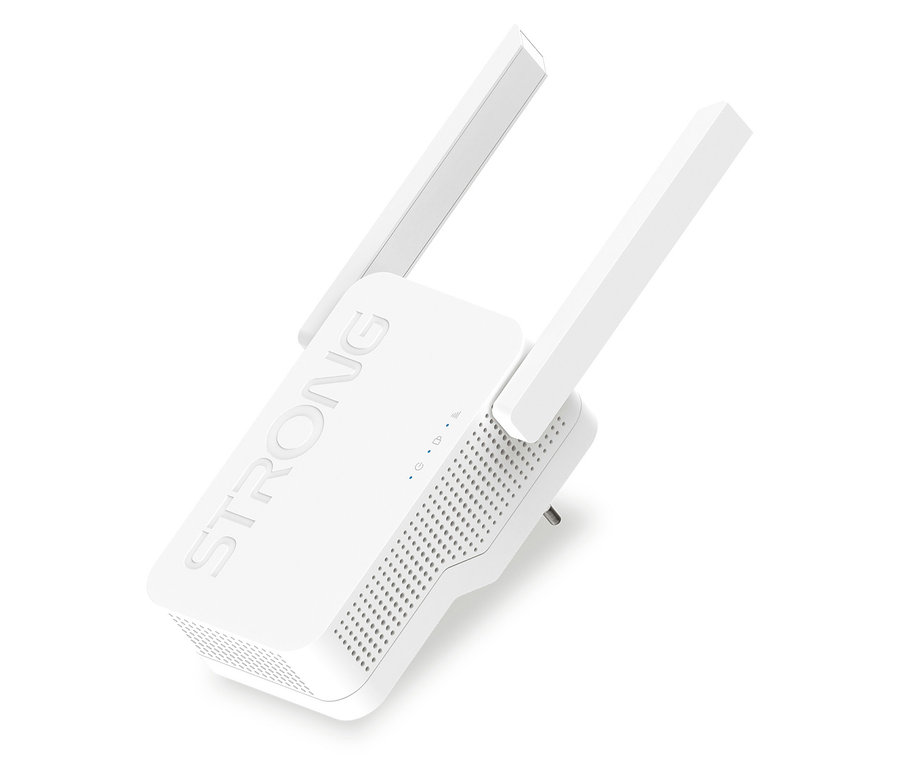 Ein weißer Strong Wi-Fi 6 Repeater »AX 1800« mit zwei Antennen.