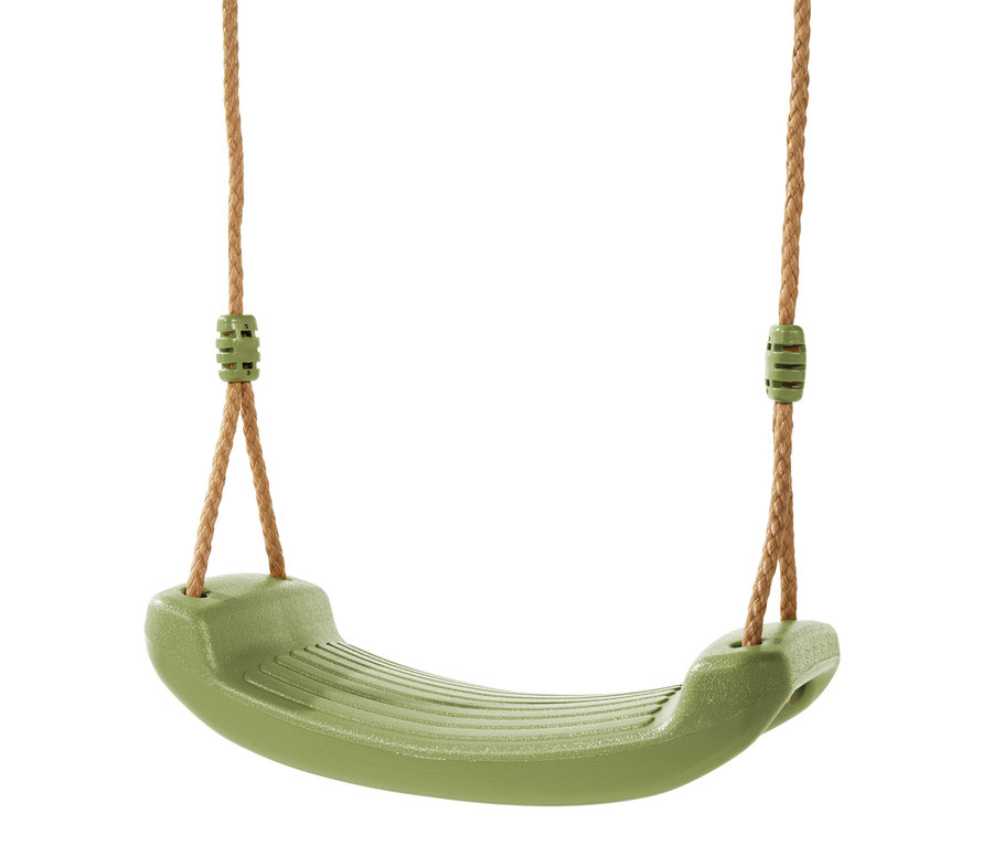 Eine grüne EXIT Doppelschaukel »Ivy« mit braunen Seilen hängt vor einem weißen Hintergrund.