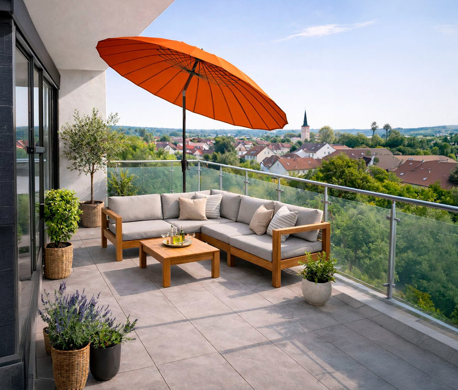 Auf einer Terrasse steht ein Leco Shanghai Sonnenschirm*, Ø 270 cm, in Orange neben einer Loungegarnitur.