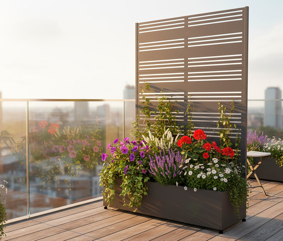 Blumenkasten mit verschiedenen Blumen und Rankpflanzen auf einem Balkon mit Blick auf die Stadt.
