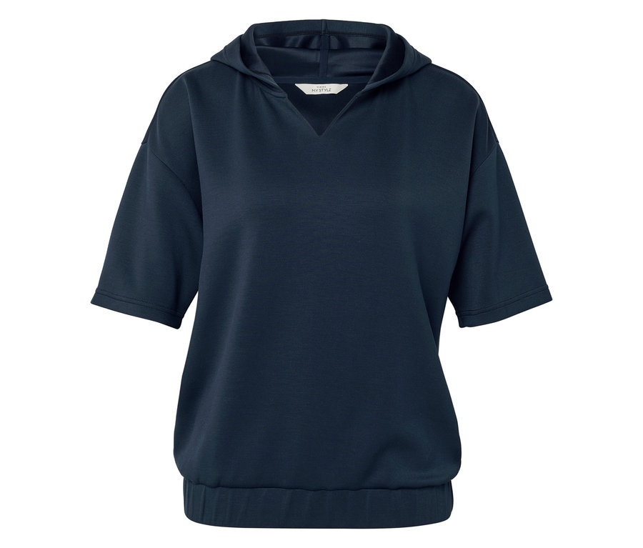 Dunkelblaues Kapuzenshirt mit kurzen Ärmeln und Gummibund.
