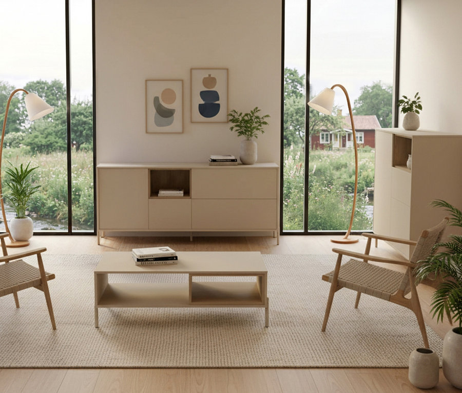 Wohnzimmer mit »Hygge« Couchtisch und »Hygge« Sideboard in Cashmere-Weiß, zwei Stühlen und zwei Stehlampen vor Fenstern.