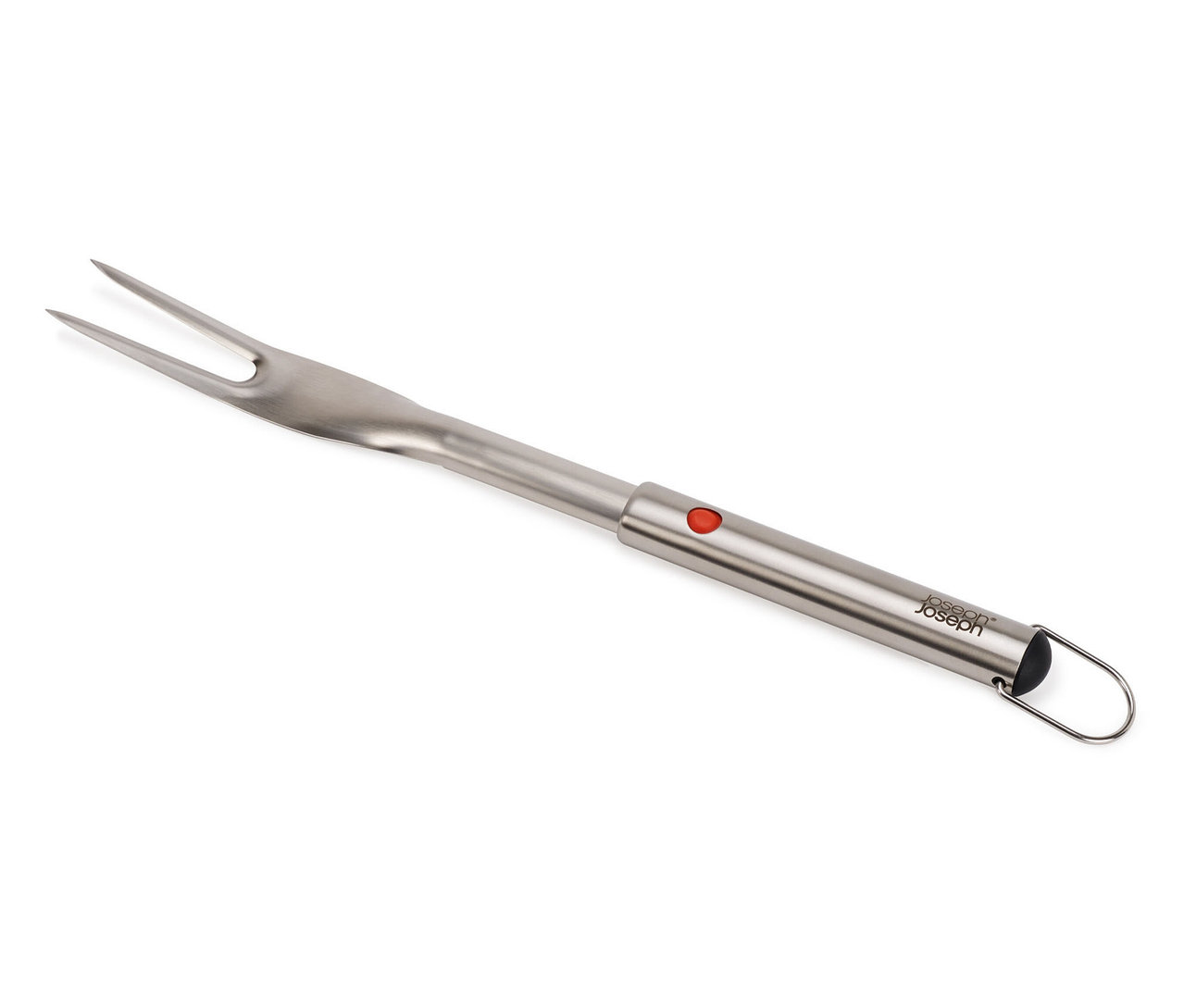 Silberne Fleischgabel mit zwei Zinken und einem roten Knopf am Griff.