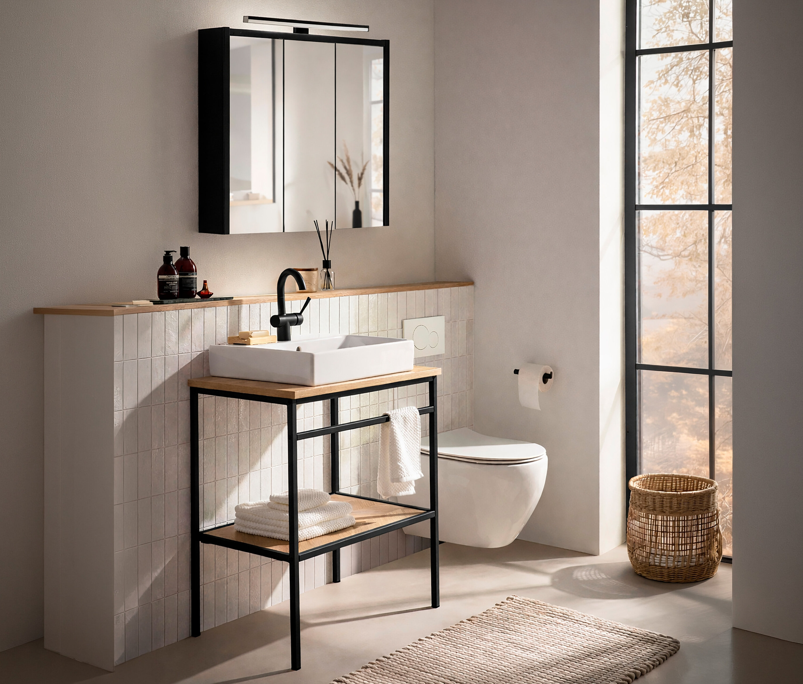 Badezimmer mit schwarzem Waschtisch »Lorna« mit Fischgrätenmuster, weißem Aufsatzbecken, schwarzer Armatur und Handtüchern.