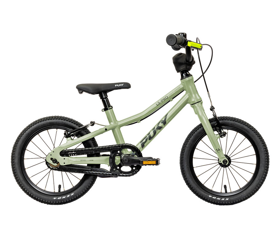 Mintgrünes PUKY Fahrrad LS-PRO 14 von der Seite mit schwarzem Sattel, Lenker und Reifen.