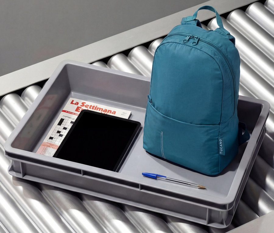 Ein petrolfarbener Tucano Rucksack »Compatto Eco« steht in einer grauen Wanne mit Tablet, Zeitschrift und Stift auf einem Rollband.