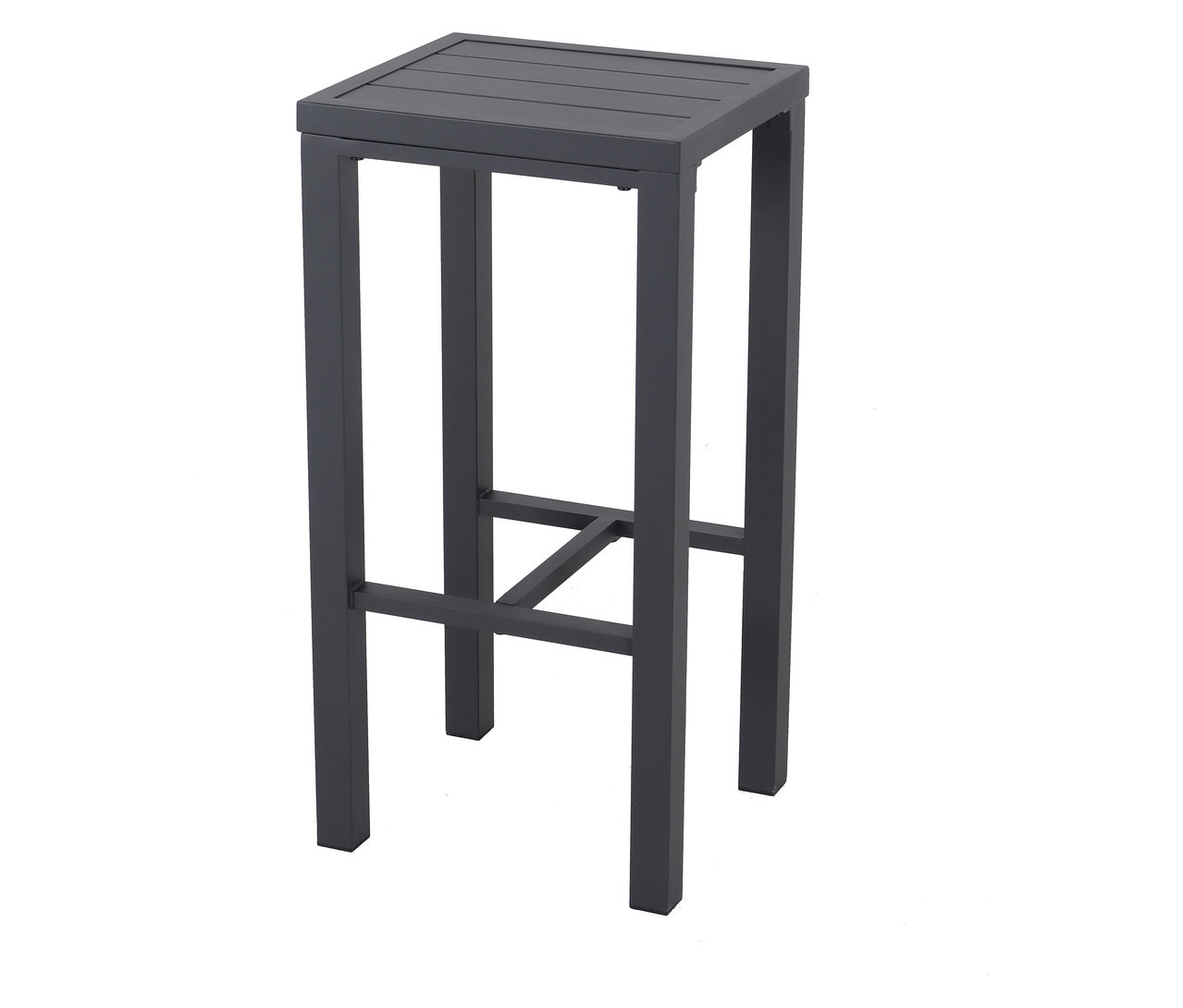 Ein einzelner, grauer Leco Bartisch mit quadratischer Tischplatte und vier Beinen ist vor einem weißen Hintergrund zu sehen.