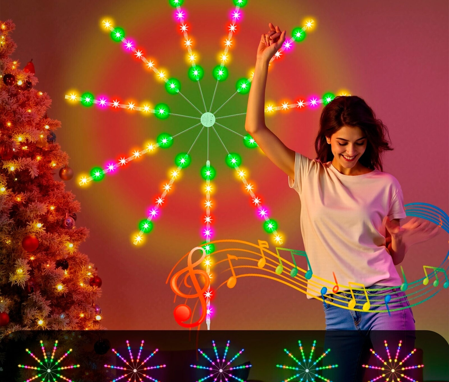 Frau tanzt neben einer leuchtenden Feuerwerksleuchte und einem Weihnachtsbaum.