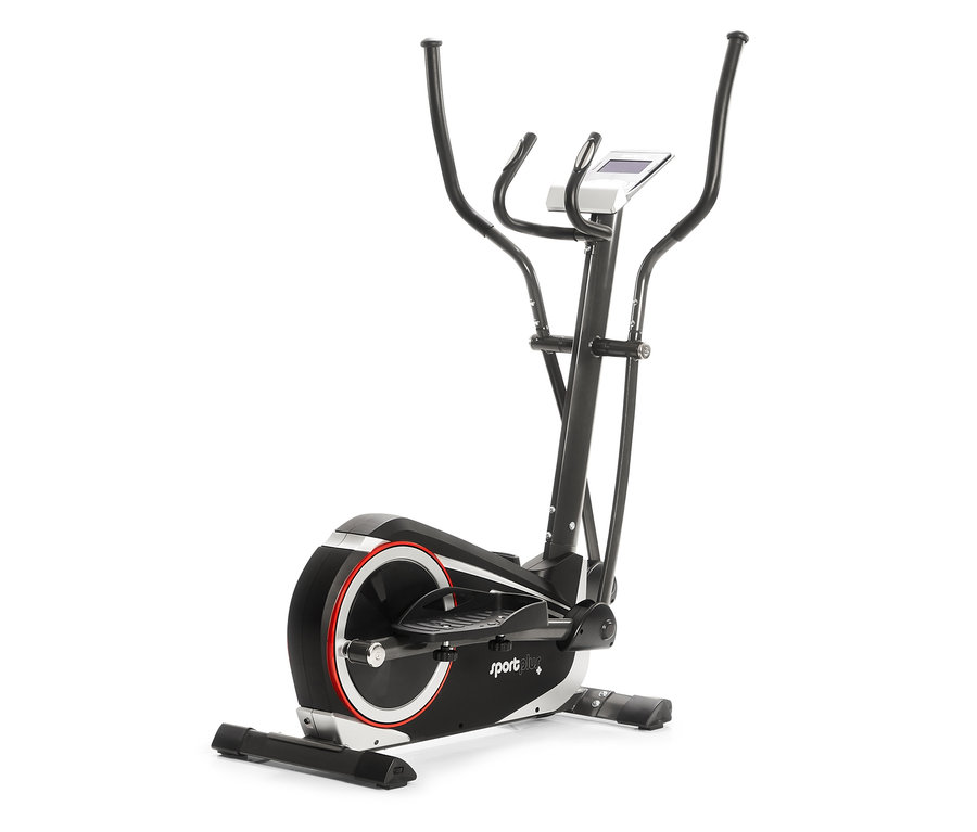 Ein schwarzer und silberner SportPlus-Ergometer-Crosstrainer »SP-ET-9600-iE« steht vor einem weißen Hintergrund.