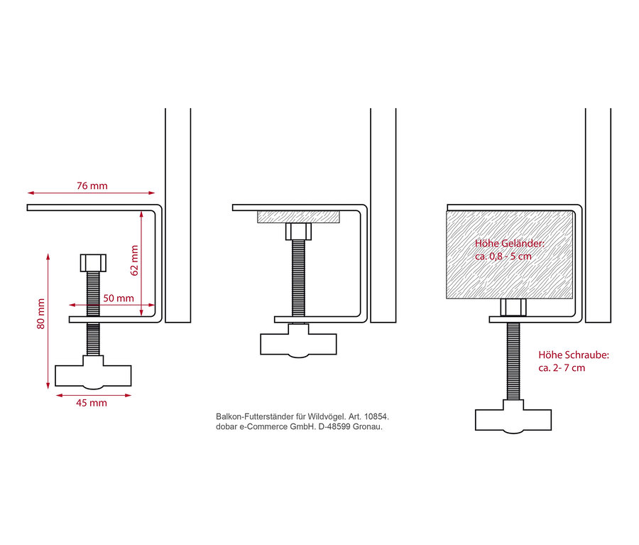 Skizze einer Dobar Balkonhalterung für Futterspender mit Maßangaben.