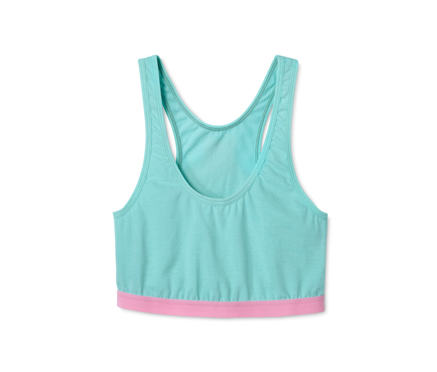 Ein türkises Bustier aus Bio-Baumwolle mit einem pinken Bund.
