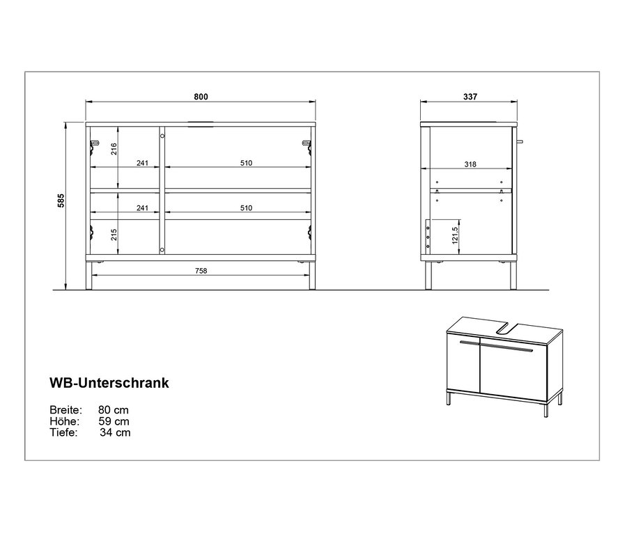 Zeichnung von einem graphitfarbenen Waschbeckenunterschrank "Yonkers".