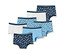 2x dunkelblau und 2x hellblau mit Blumenprint, 1x hellblau, 1x dunkelblau, 1x weiß