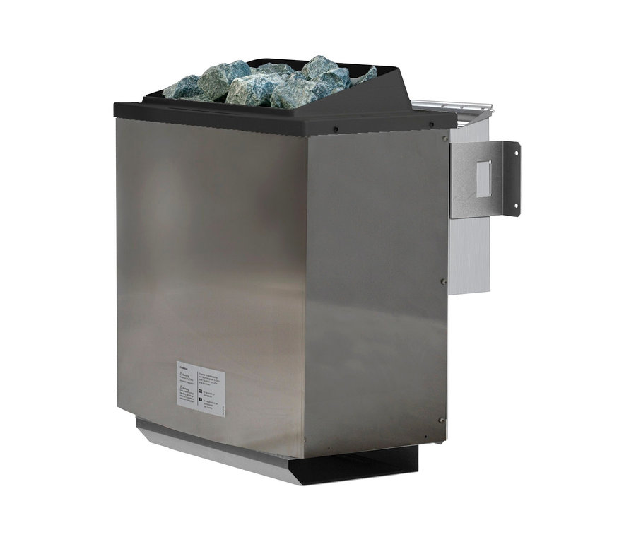 Seitenansicht der Karibu Sauna »Scarlett Plus«, Bio, mit Lavasteinen oben drauf.