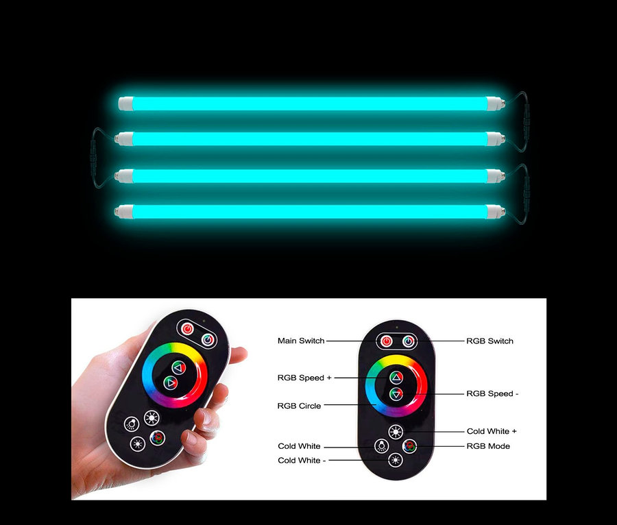 Vier blaue Röhrenlampen und zwei Fernbedienungen.