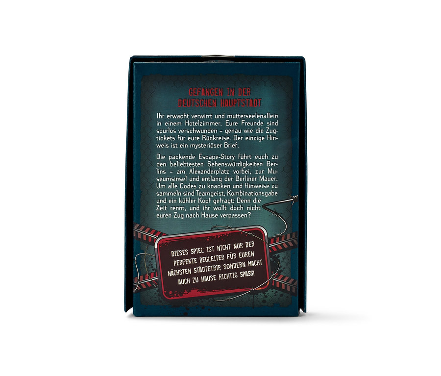 Eine Schachtel des Escape-Room-Kartenspiels "Flucht aus Berlin".