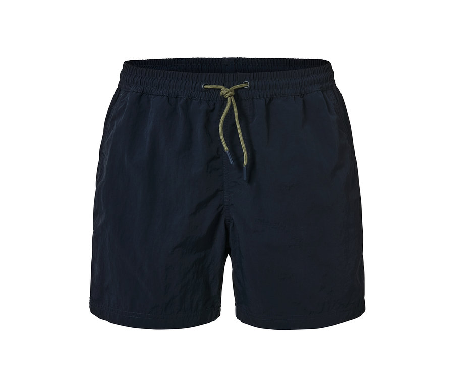 Marineblaue Badeshorts mit grünem Kordelzug.