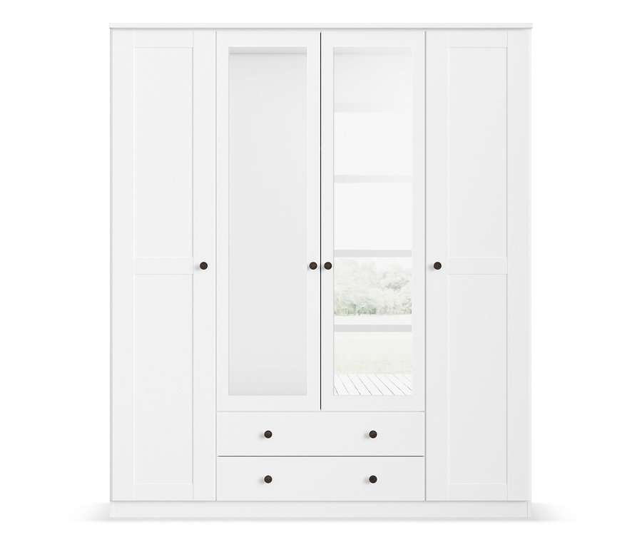 Weißer, 4-türiger Kleiderschrank »ROSENHEIM« mit zwei Spiegeltüren und drei Schubladen.