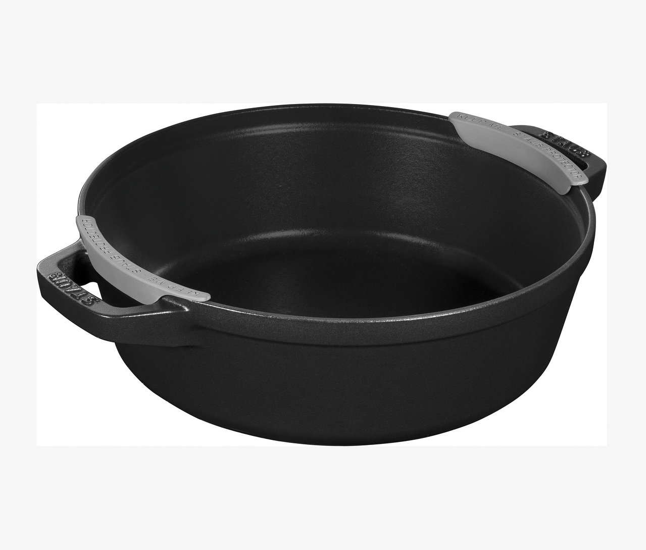 Detailansicht eines schwarzen Staub Gusseisen-Kochtopfs mit Schutzvorrichtungen.