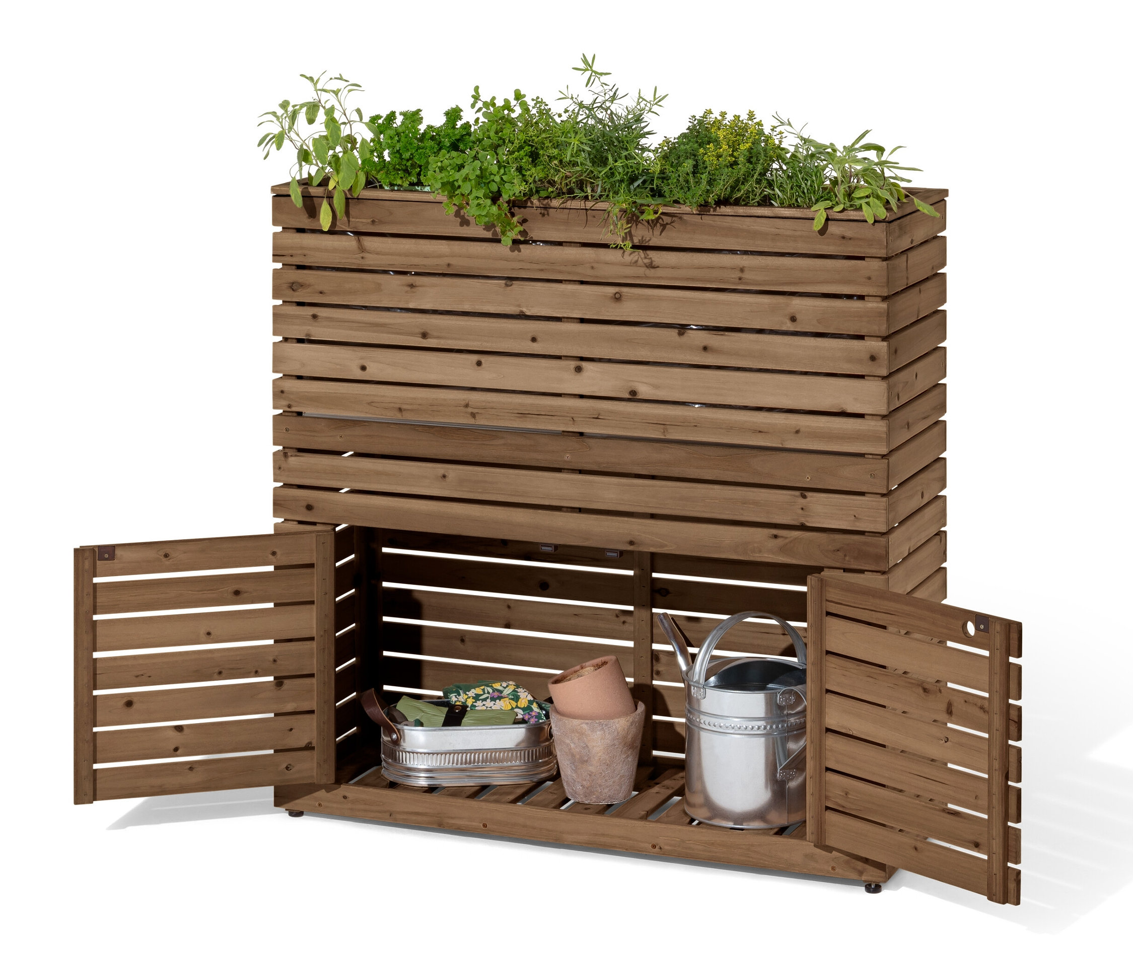 Pflanzkasten-Raumteiler »Tinus« mit Stauraum-Schrank. Bepflanzt mit Grünpflanzen, die Schranktüren sind geöffnet, darin eine silberne Gießkanne.