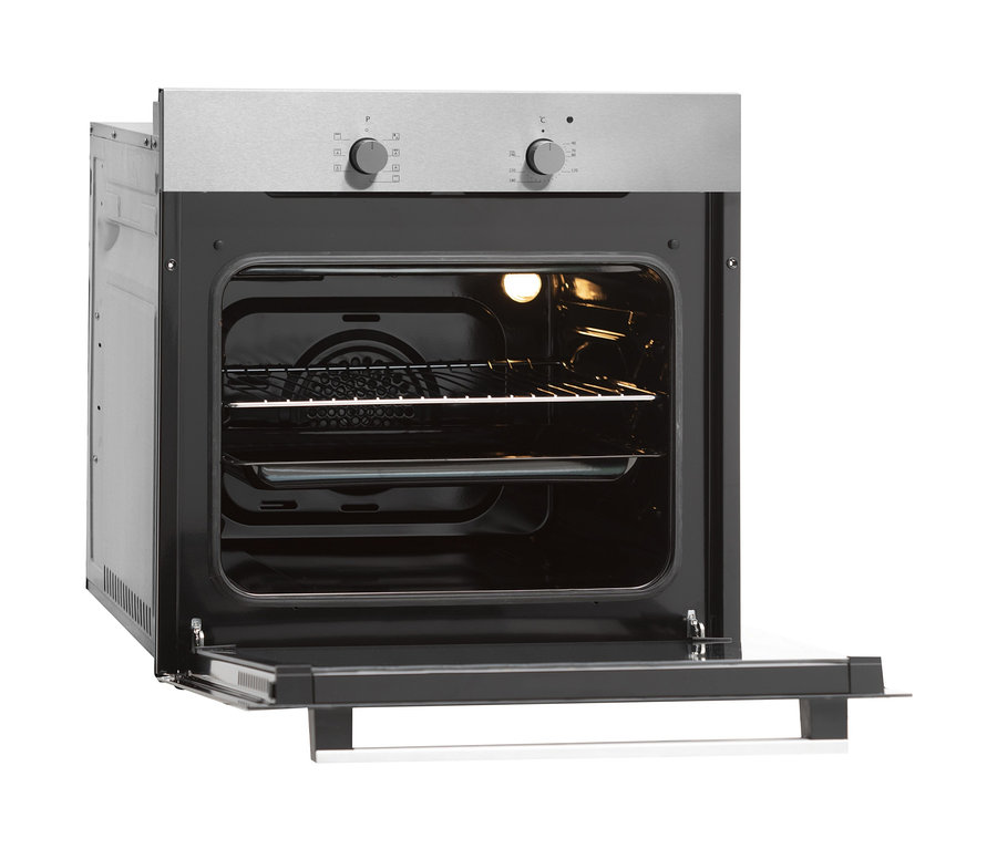Geöffneter Respekta Einbaubackofen AB 120-33 mit Innenbeleuchtung und Grillrost.