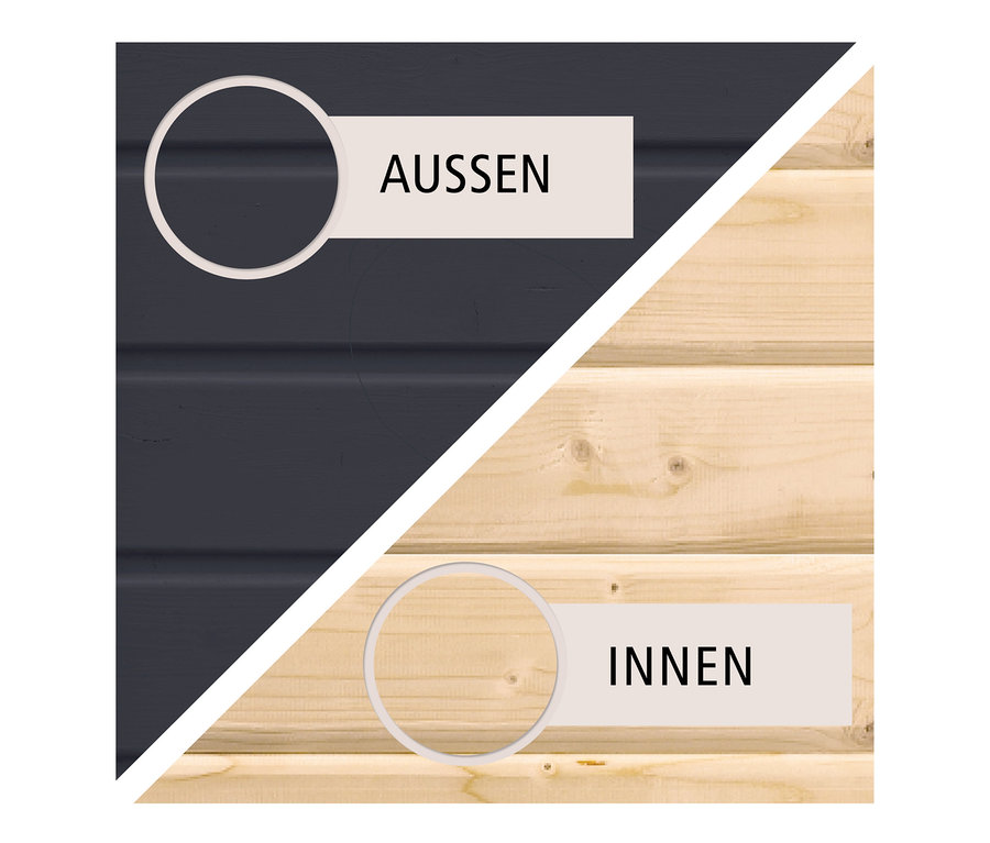 Geteilte Ansicht von dunkelgrauer Außen- und heller Holzverkleidung im Innenbereich.