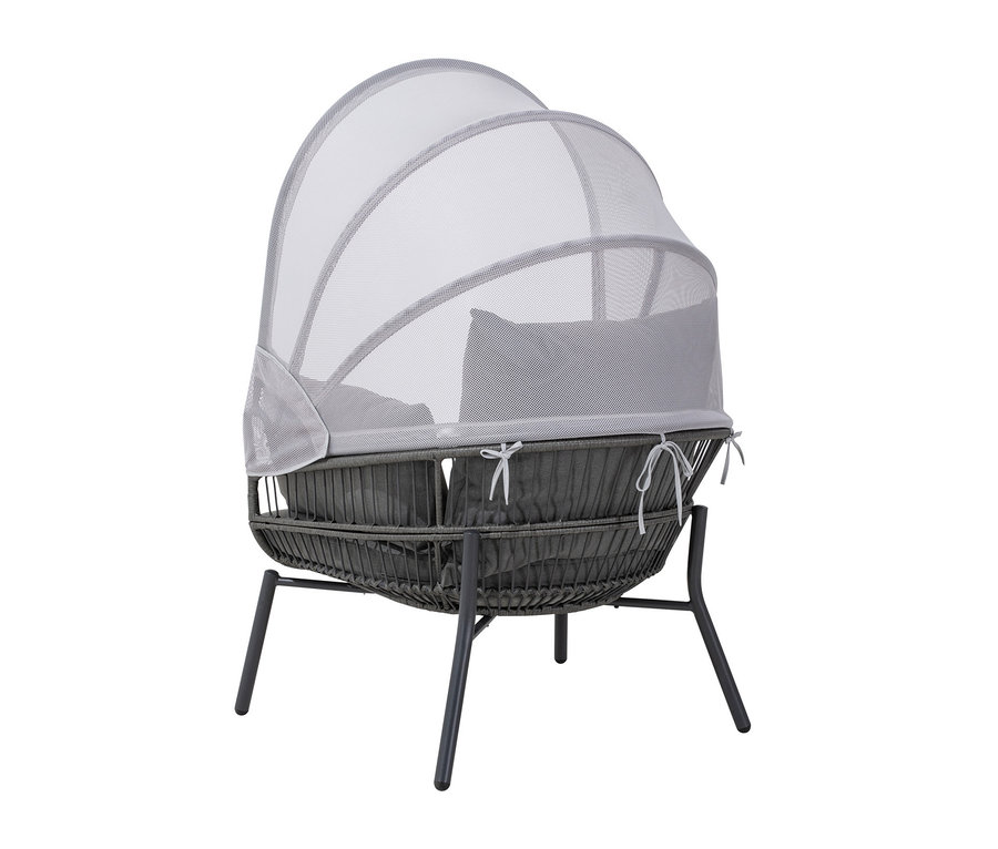 Grauer Leco Sessel mit Hocker und grauem Baldachin.