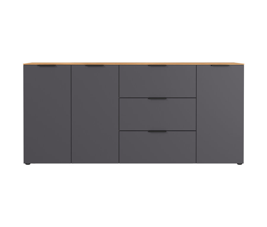 Detailansicht eines graphitfarbenen Sideboards »CALIFORNIA« mit hölzerner Oberseite und schwarzen Griffen.