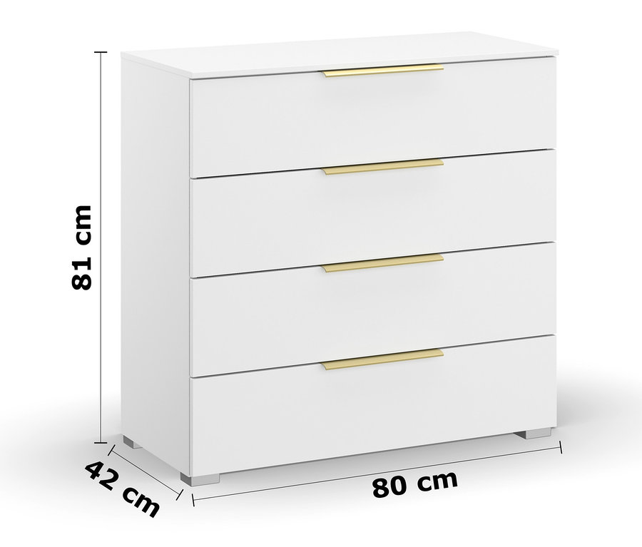Weisse Kommode »Skat Glamour« von rauch mit vier Schubladen und goldenen Griffen.