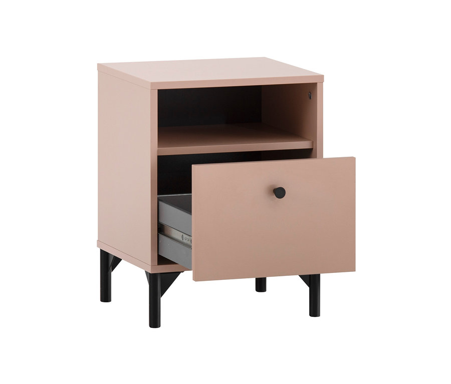 Aprikosenfarbener Nachttisch »Smash« mit offener Schublade und schwarzen Beinen.