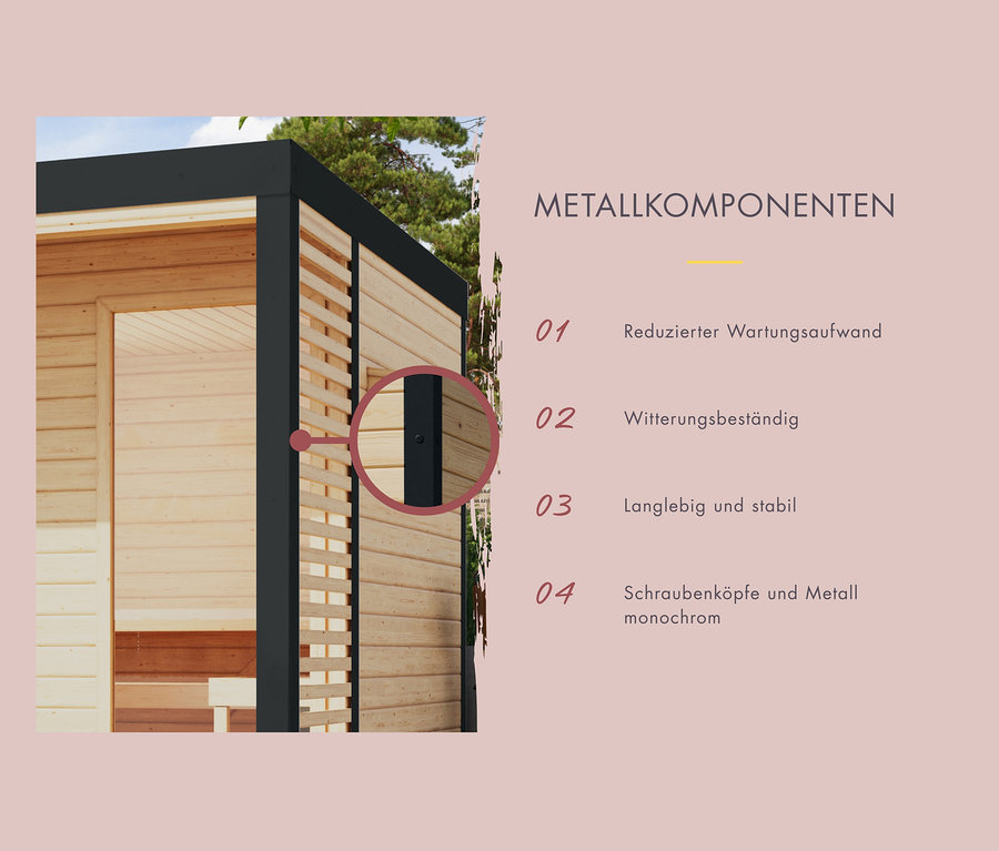 Detailansicht des Karibu Hybrid-Saunahauses »Alice 3« mit anthrazitfarbenen Metallkomponenten.