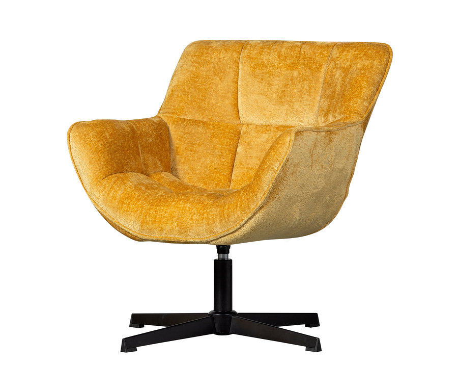 Ein curryfarbener Woood Drehsessel »Wibo« auf schwarzem Fuß.