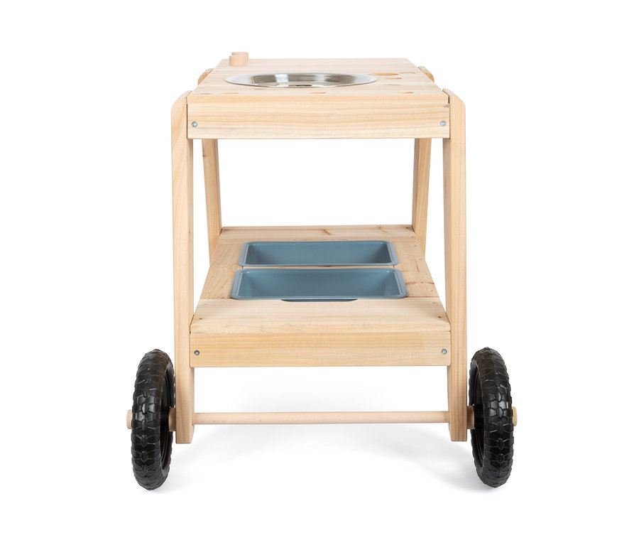 Kompakte small foot Matschküche mit Rädern, Spülbecken und zwei Behältern.