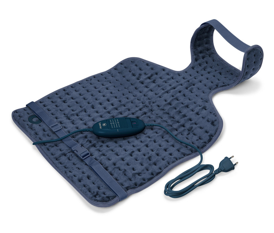 Blaue Heizauflage mit Bedienelement und Netzkabel.