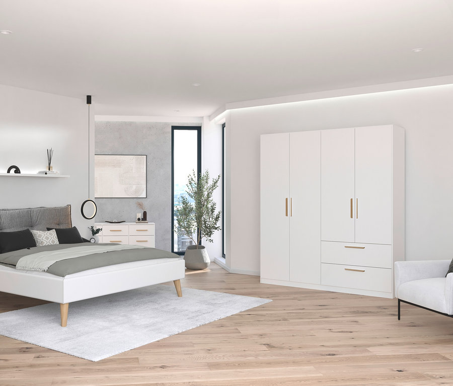 Schlafzimmer mit weißem Bett, Nachttisch und rauch Drehtürenschrank »Skandi«, 4-türig, weiß.