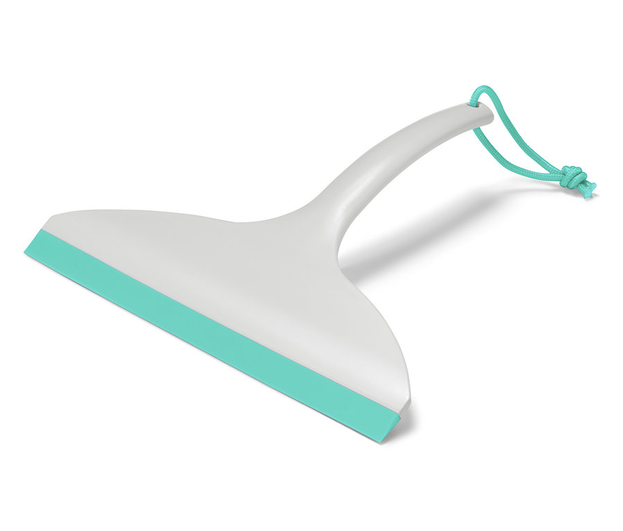 Ein weißer Abzieher mit türkisfarbener Gummilippe und türkisfarbener Schnur am Griff liegt auf einem weißen Hintergrund.