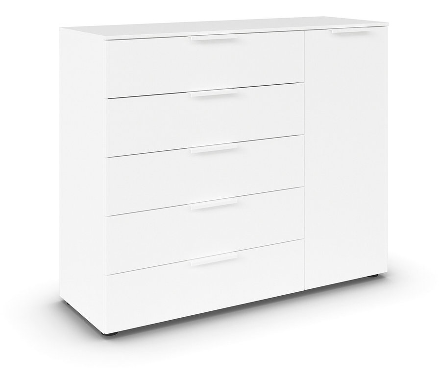 Weiße Kommode mit vier Schubladen und einer Tür.