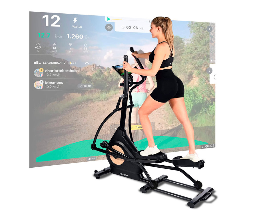 Frau trainiert auf dem Elliptical Ergometer FitWheel Pro vor einem Bildschirm mit virtueller Landschaft.