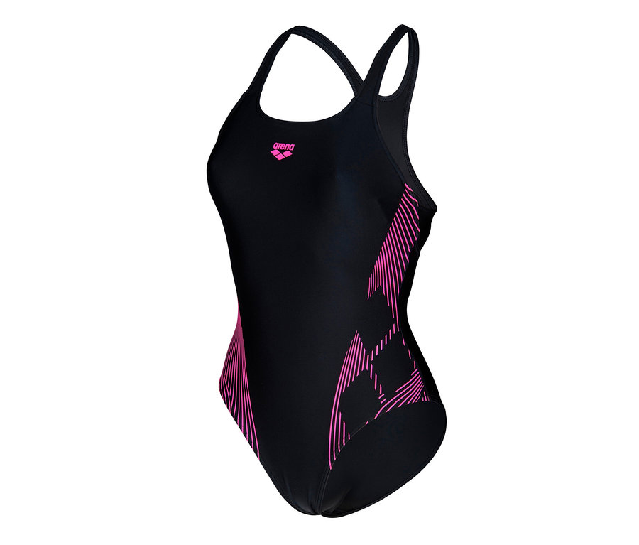 Schwarzer arena Feel Damen Badeanzug Lily Swim Pro Back Bustier mit pinken Details.