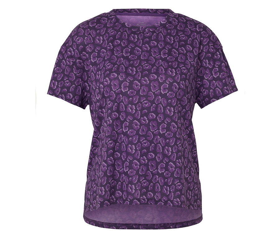 Lila Kurzarmshirt mit Tiermuster.