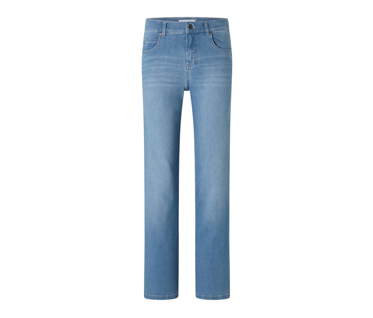 Helleblaue Angels Jeans »Lara« Straight Fit auf weißem Hintergrund.
