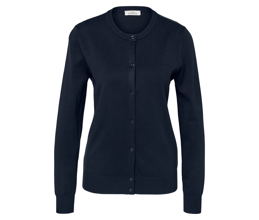 Marineblaue Strickjacke mit Rundhalsausschnitt und Knöpfen.