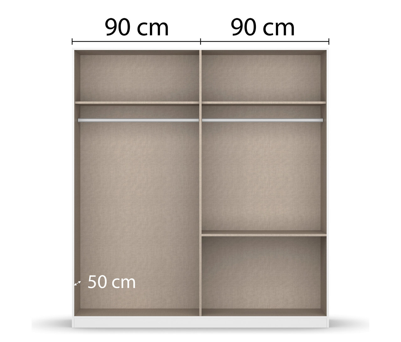 Innenansicht eines Rauch 4-türigen Drehtürenschranks »Joel« mit Regalen und Kleiderstangen.