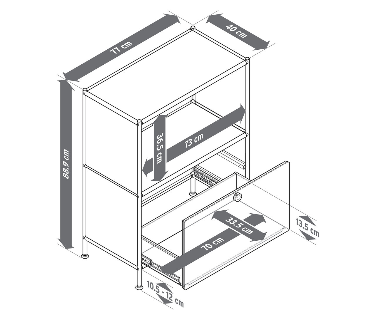 Eine schematische Darstellung eines Sideboards aus Metall mit Schublade in Pistazie und Hellgrau, mit Maßangaben in Zentimetern.