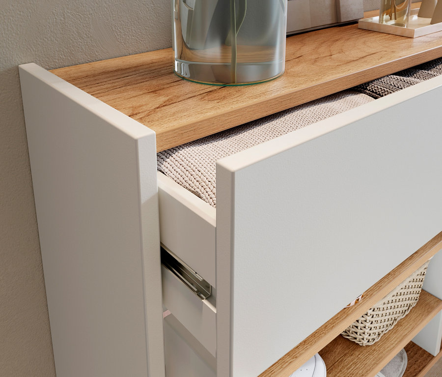 Detailansicht eines teilweise geöffneten, weißen Mehrzweckschranks »Ameca« mit breiter Holzplatte und Ablagefächern.