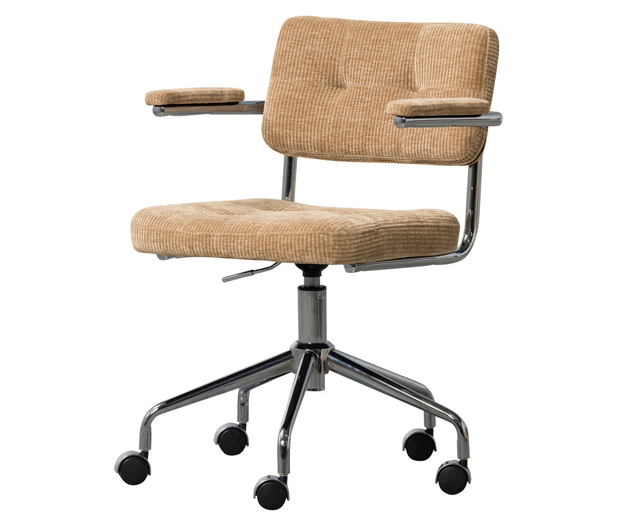 Ein Bürostuhl mit beiger Kordpolsterung und einem verchromten Metallfußkreuz mit Rollen.