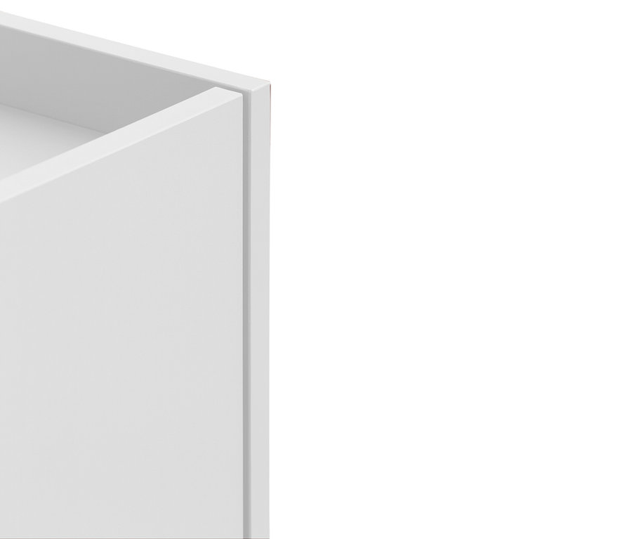 Detailansicht einer geöffneten, weißen Schublade.