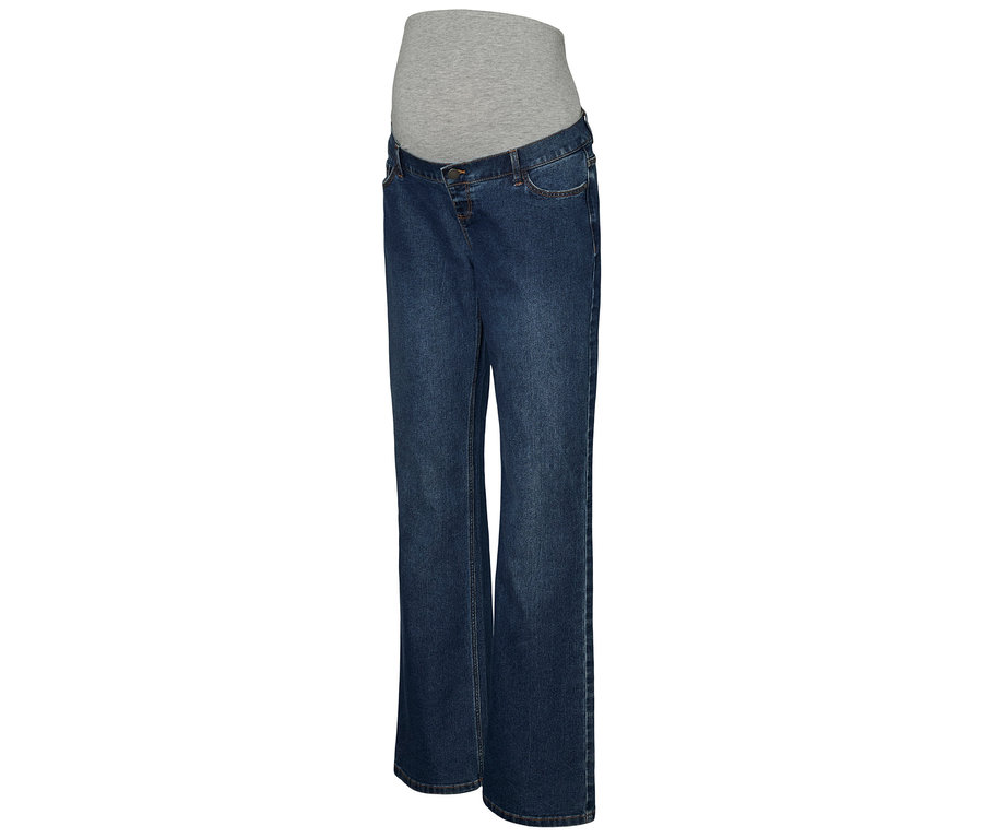 MAMALICIOUS Flared Jeans »MLEDINA« in Dunkelblau mit grauem Bauchband.