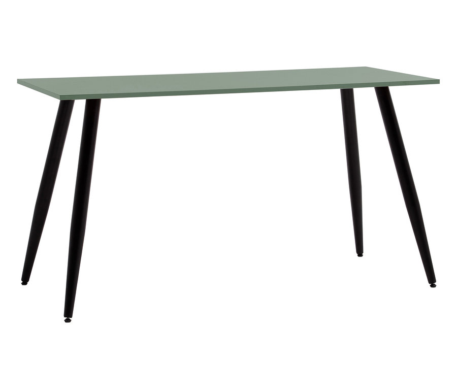 Ein rechteckiger, hellgrüner Tisch mit vier ausgestellten, schwarzen Beinen steht vor einem weißen Hintergrund.