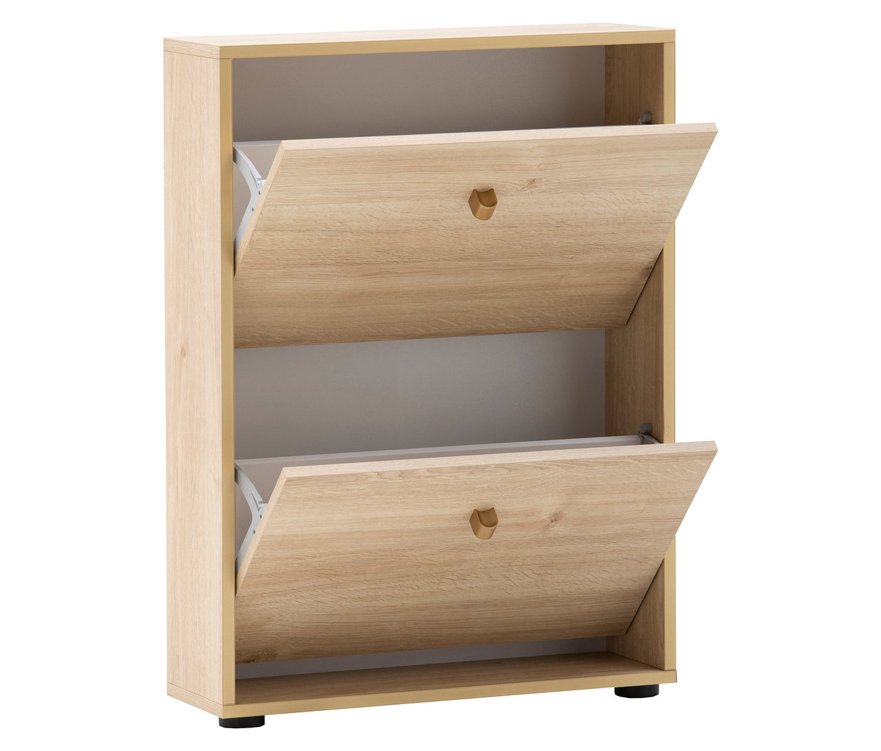 Geöffneter Schuhkipper »Flora« mit zwei Klappen in heller Holzoptik.